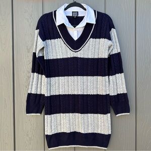 Derek Heart Preppy Navy & Gray Striped Sweater Dress Cable Knit Varsity Style Sm
